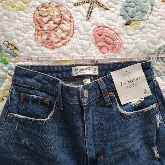 Abercrombie & Fitch Curve Love The Skinny High Rise Jeans Raw Hem Size 24S Dark - Picture 15 of 16